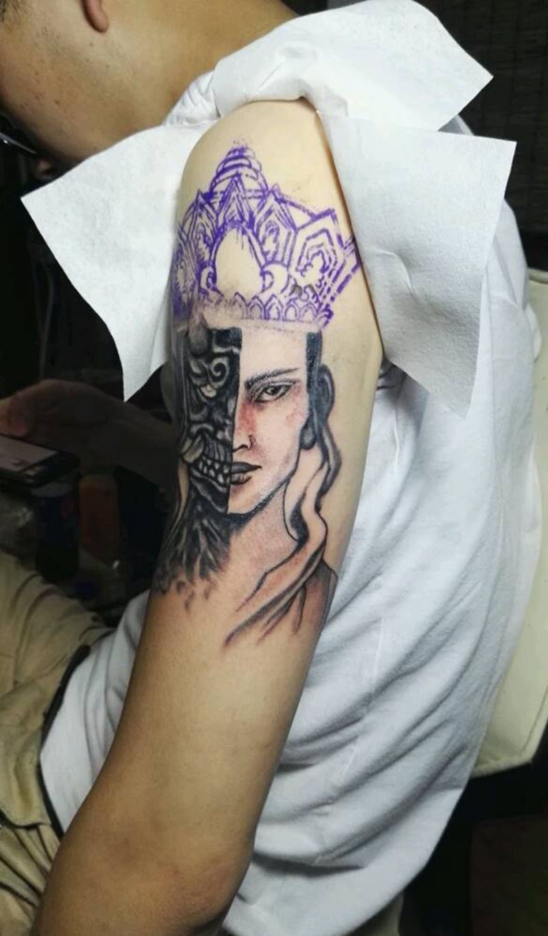 佛魔纹身图片_肩部传统鬼神纹身图案