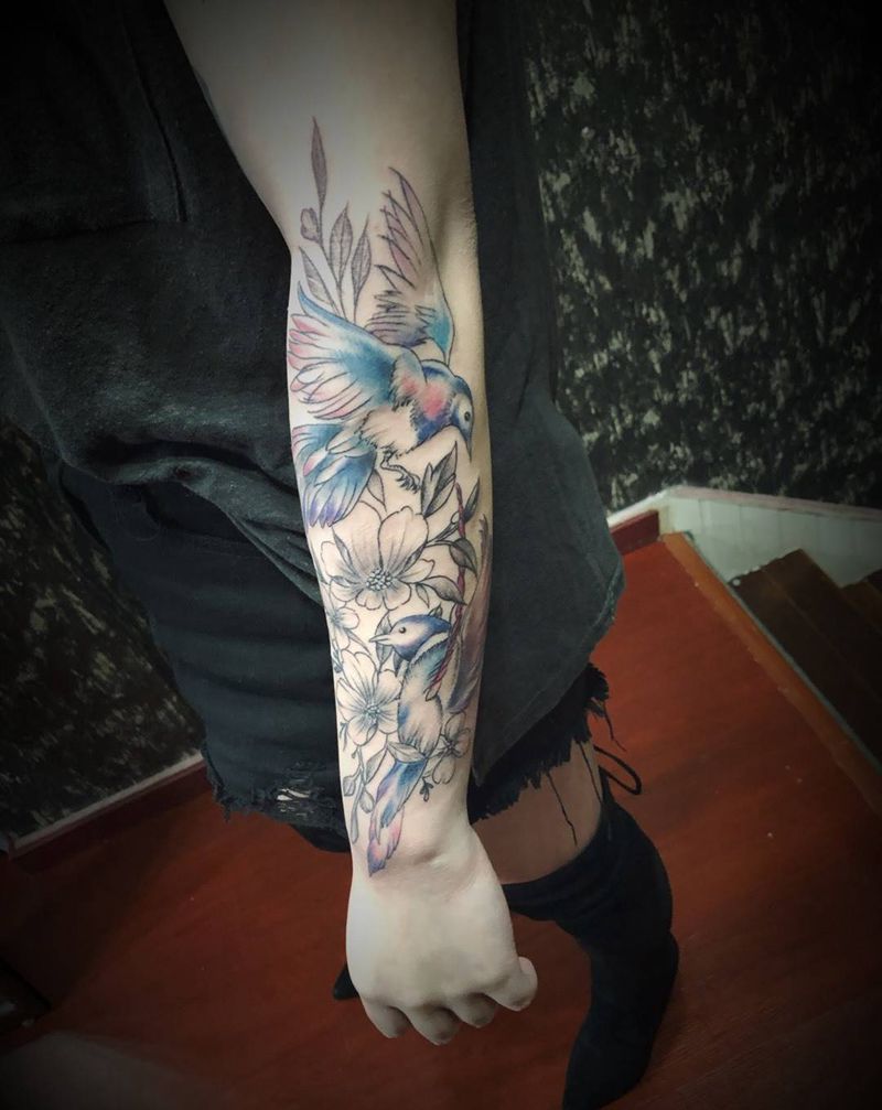 素花纹身图片_手臂水彩纹身图案