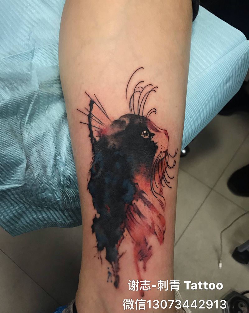 旧纹身遮盖纹身图片_腿部水墨水彩纹身图案