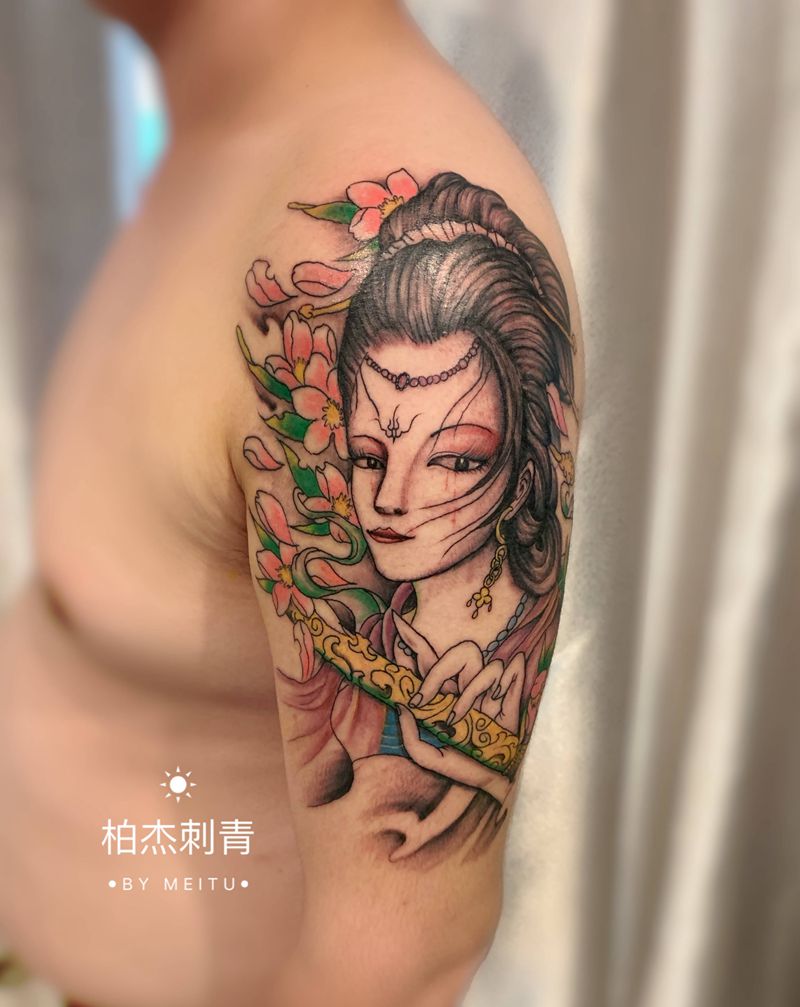 大臂艺伎，彩色纹身图片_手臂新传统纹身图案