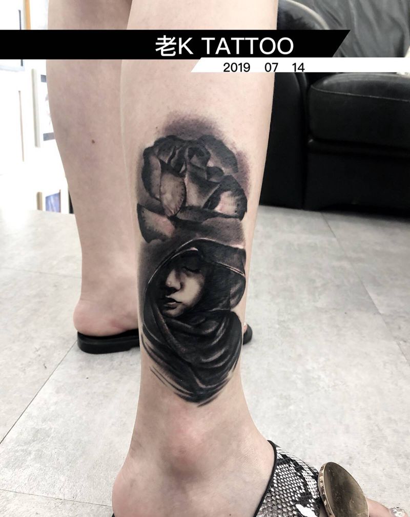 遮盖纹身图片_腿部欧美写实纹身图案