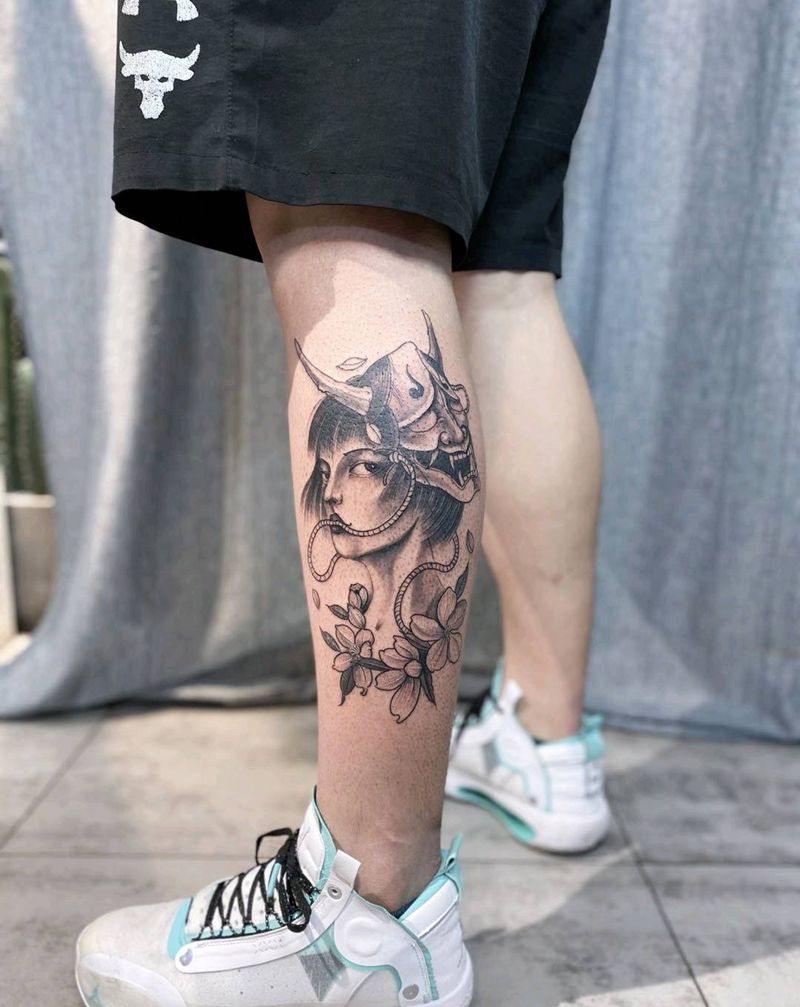 团藏出品 客人自带稿子纹身图片_腿部手臂欧美写实新传统南京艺伎般若纹身图案