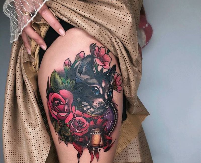 大腿猫纹身图片_腿部背部New School纹身图案