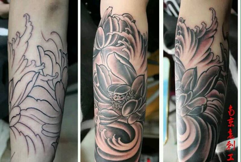 荷花纹身图片_手臂传统植物静物原创成品纹身图案