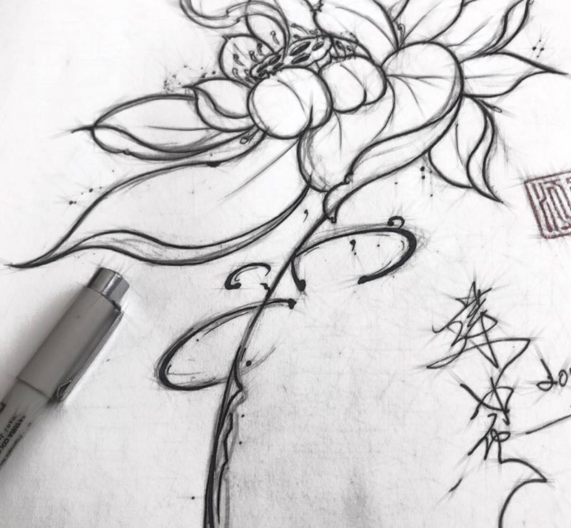 莲纹身图片_手稿传统国画纹身图案
