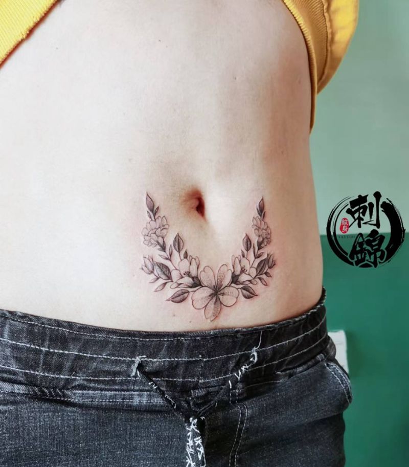 素花纹身纹身图片_腹部素花纹身图案