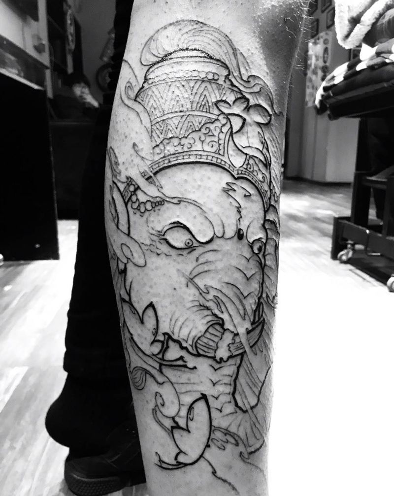 象神纹身图片_腿部新传统纹身图案