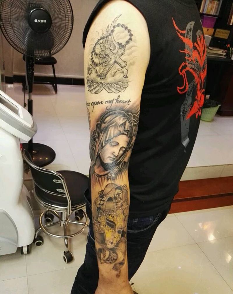 花臂未完成纹身图片_手臂欧美人物宗教原创成品纹身图案