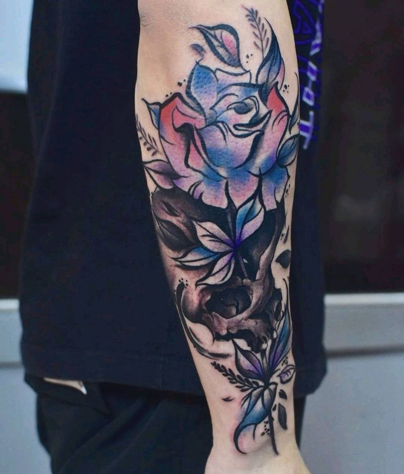 骷髅水彩玫瑰纹身图片