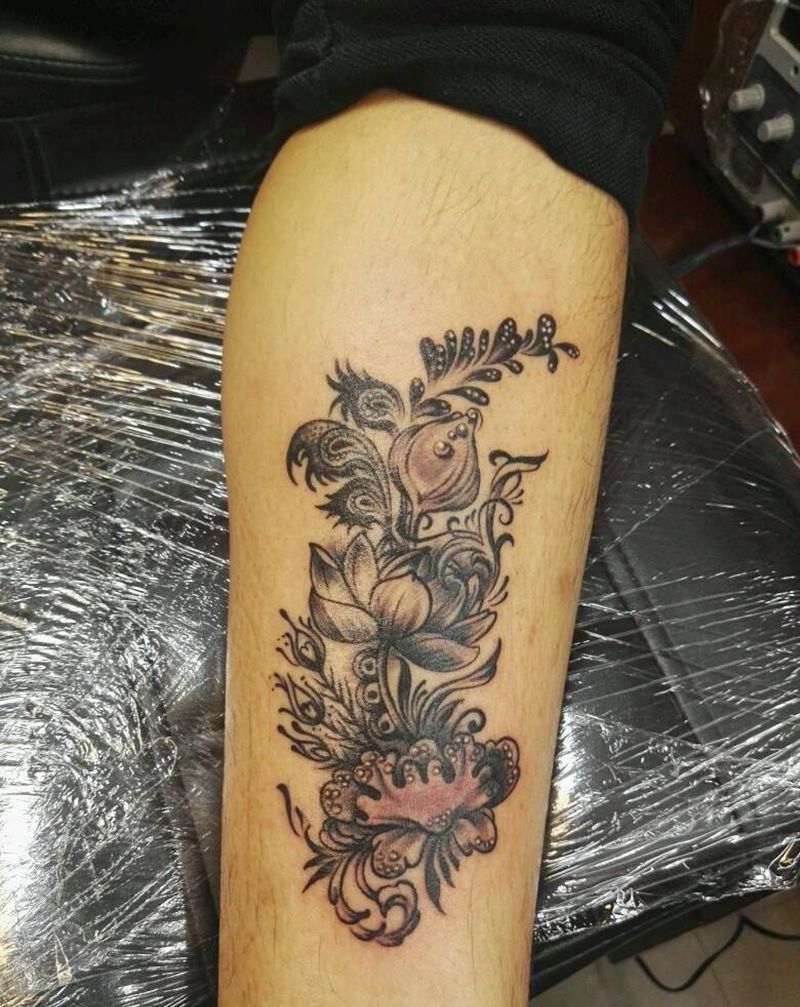 莲花纹身图片_腿部传统植物原创成品纹身图案