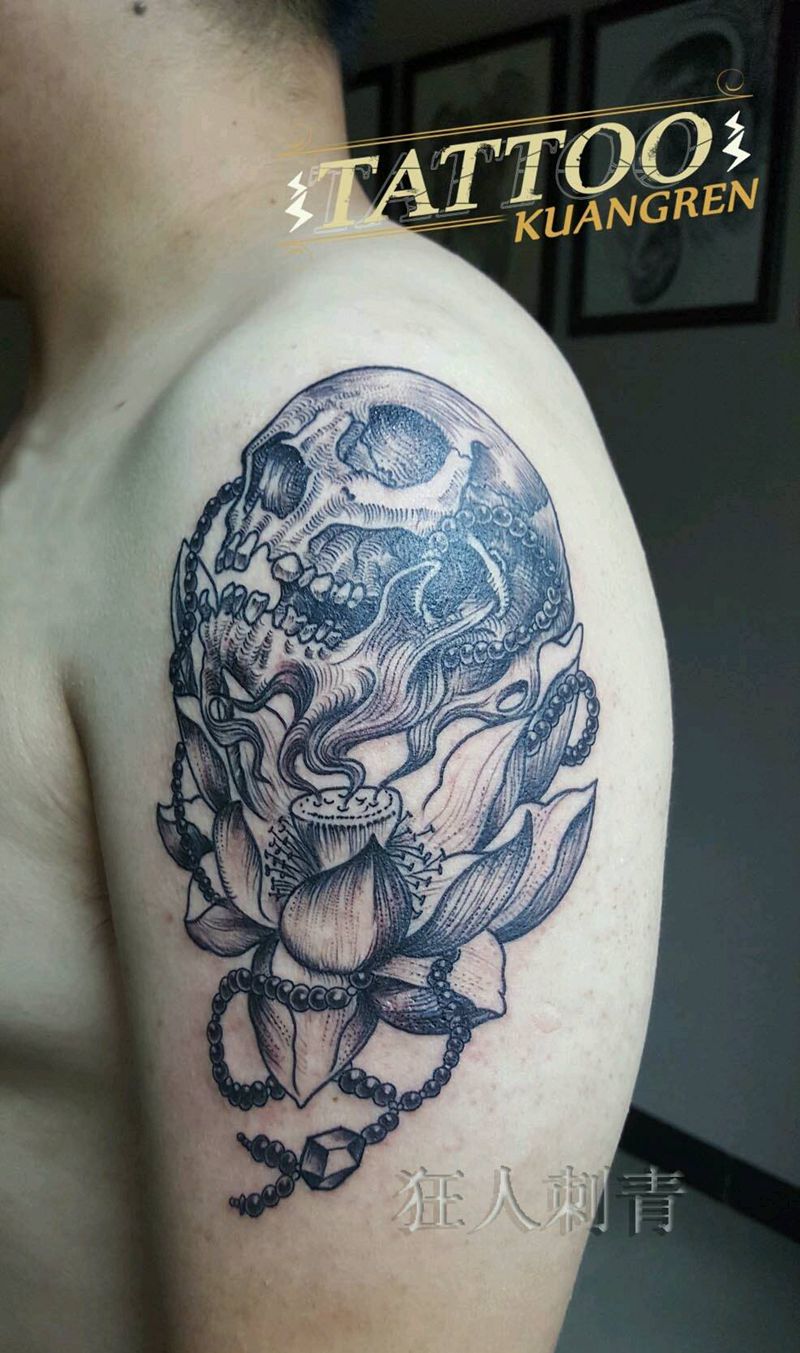 莲花骷髅纹身图片_手臂欧美狂人刺青成品纹身图案
