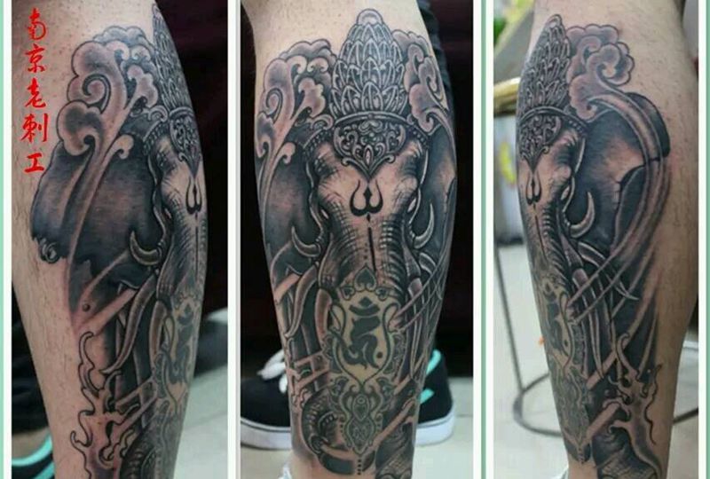 象神纹身图片_腿部传统动物原创成品纹身图案