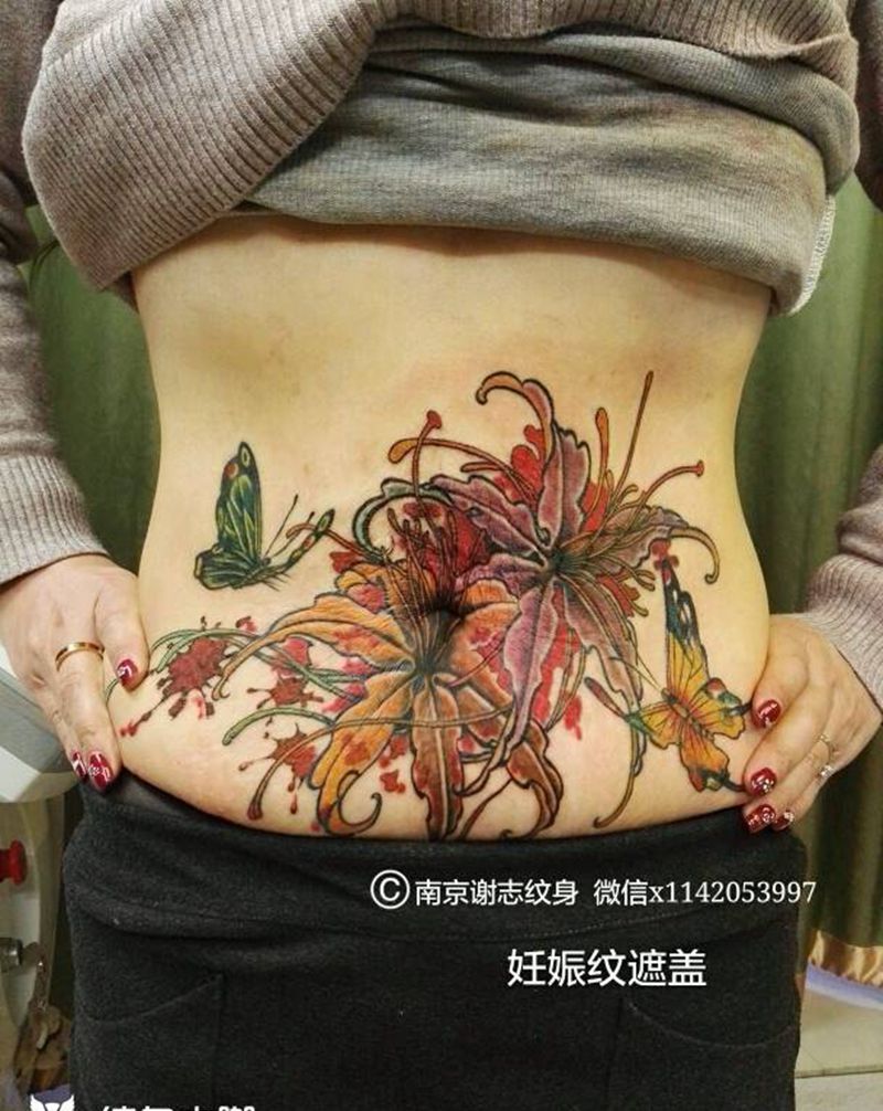 彼岸花纹身图片_腹部传统植物原创成品纹身图案