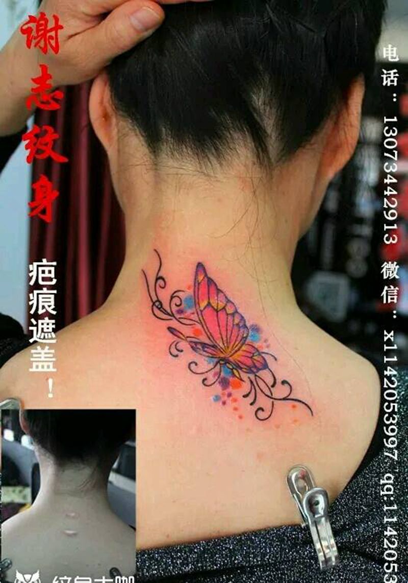 蝴蝶纹身图片_颈部传统动物原创成品纹身图案