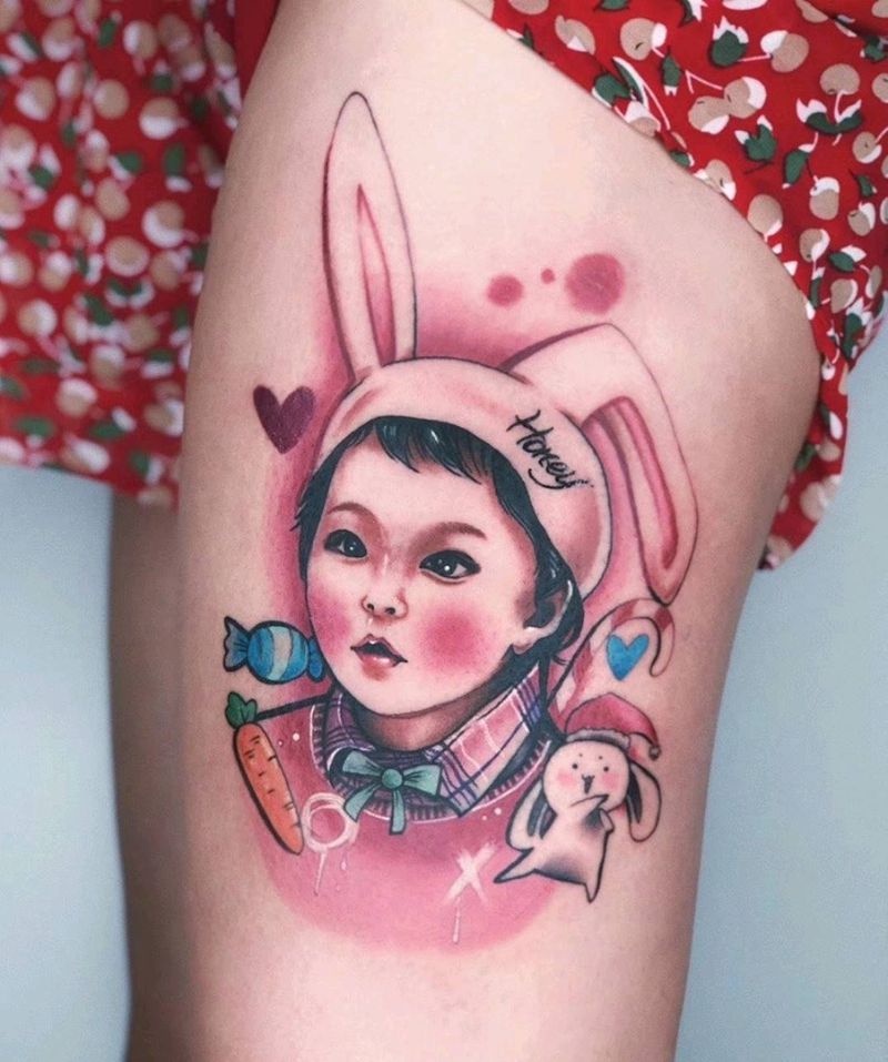 彩色肖像纹身图片_腿部纹身图案