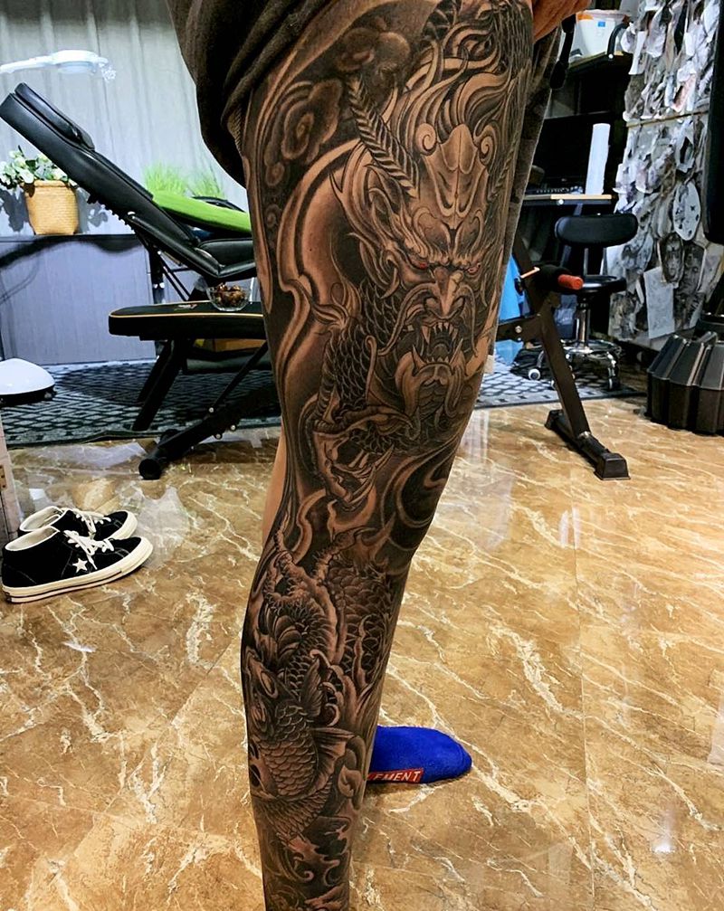 花腿纹身图片_新传统纹身图案