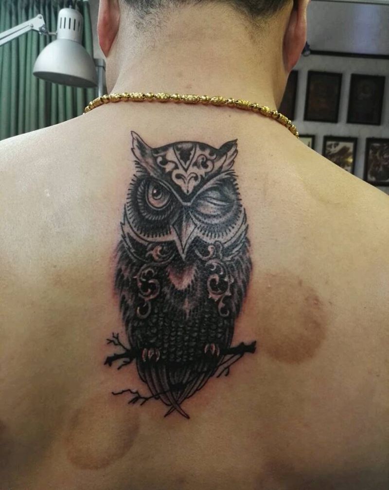 猫头鹰纹身图片_背部欧美清新动物原创成品纹身图案