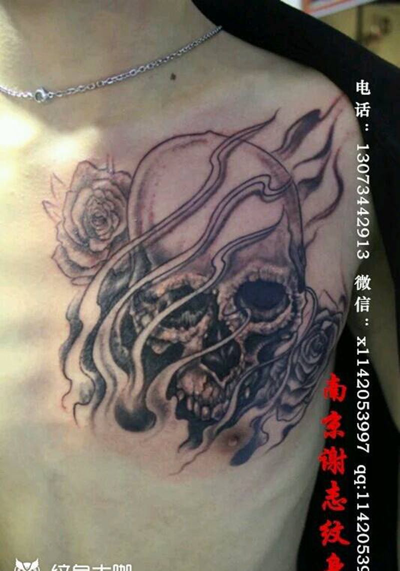 骷髅玫瑰!纹身图片_胸部传统鬼神原创成品纹身图案