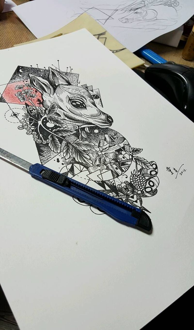 手稿纹身图片_肩部手臂腿部欧美几何动物狂人刺青成品纹身图案