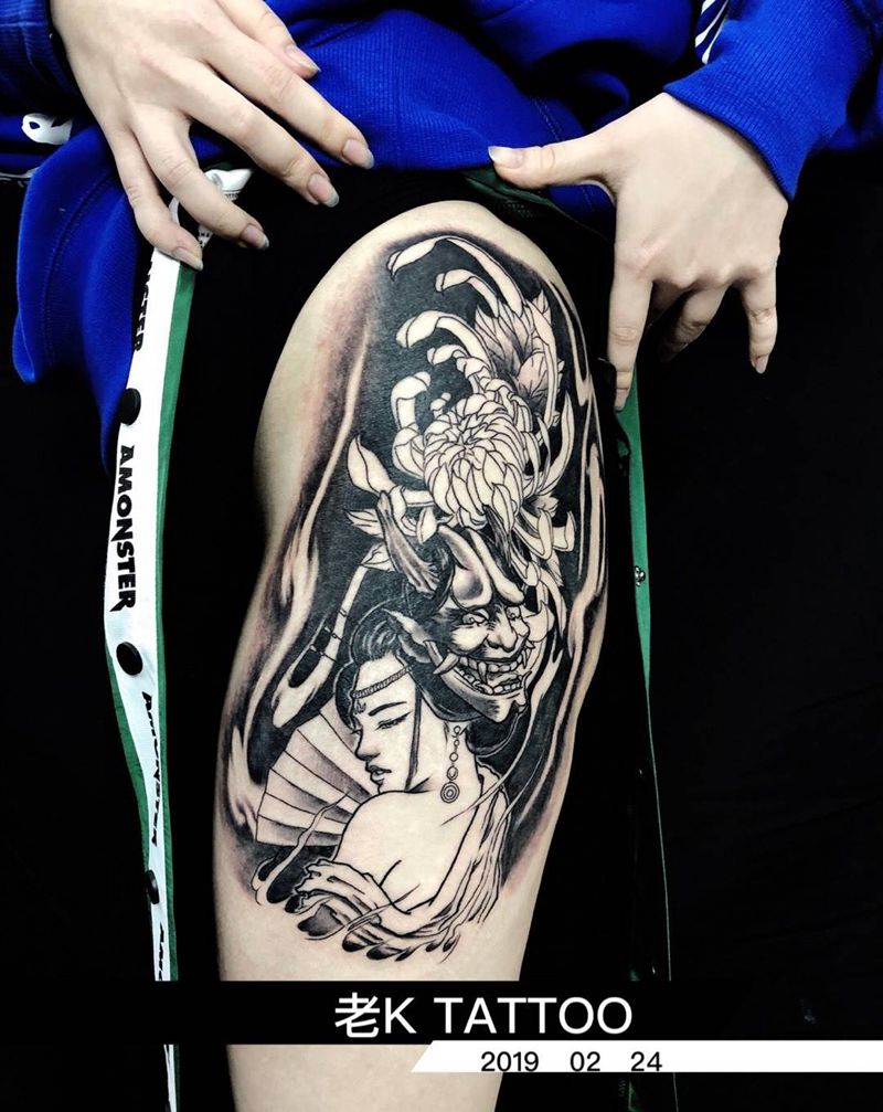 艺妓纹身图片_腿部新传统纹身图案