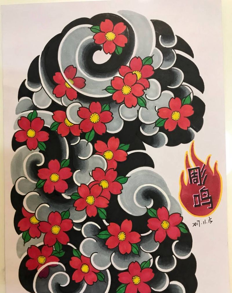 日式半甲纹身图片_手稿手臂传统植物日式半甲纹身图案