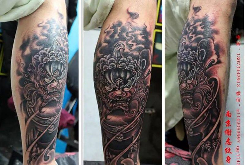 谛听纹身图片_成品腿部传统宗教原创纹身图案