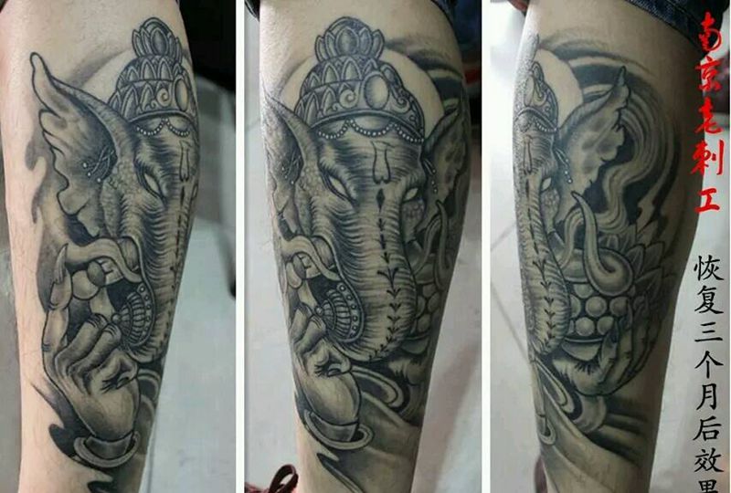 象神纹身图片_腿部传统动物原创成品纹身图案