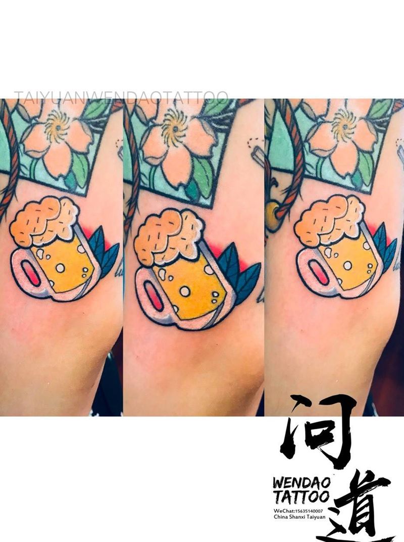 拼接花臂-啤酒纹身图片_成品手臂清新欧美贴纸静物几何字符情侣纹身图案