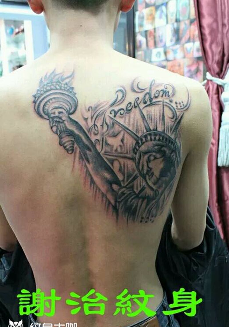自由女神纹身图片_背部传统人物原创成品纹身图案