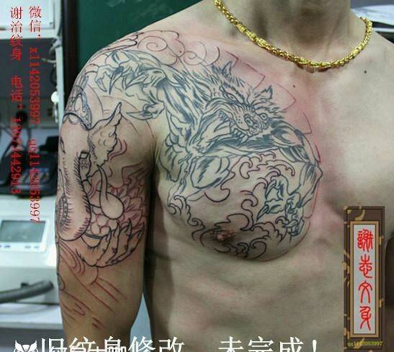 半甲纹身图片_肩部胸部手臂传统动物宗教原创成品纹身图案