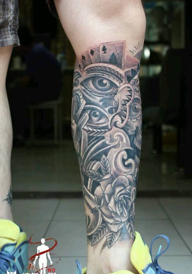 小腿全包纹身图片_腿部欧美人物鬼神原创狂人刺青成品纹身图案