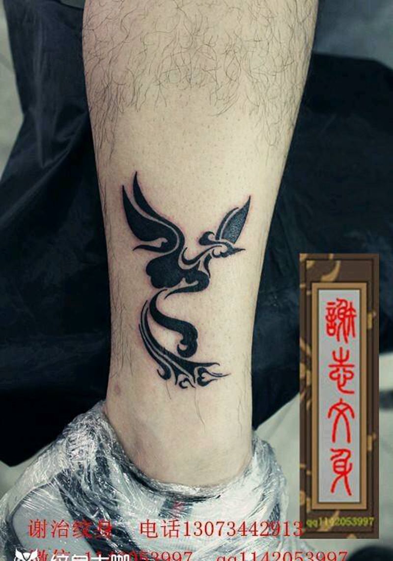 凤凰纹身图片_腿部清新动物图腾原创成品纹身图案
