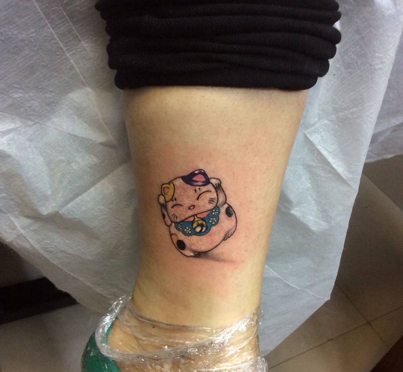 招财猫纹身图片_成品腿部脚部清新动物情侣原创纹身图案