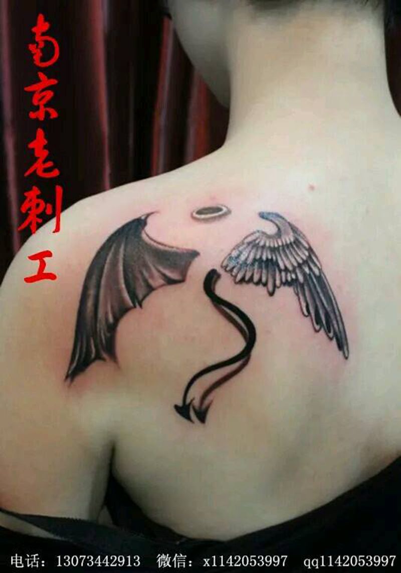恶魔与天使纹身图片_背部欧美鬼神宗教原创成品纹身图案