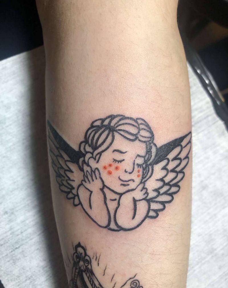丑萌小天使纹身图片_手臂几何Old School纹身图案