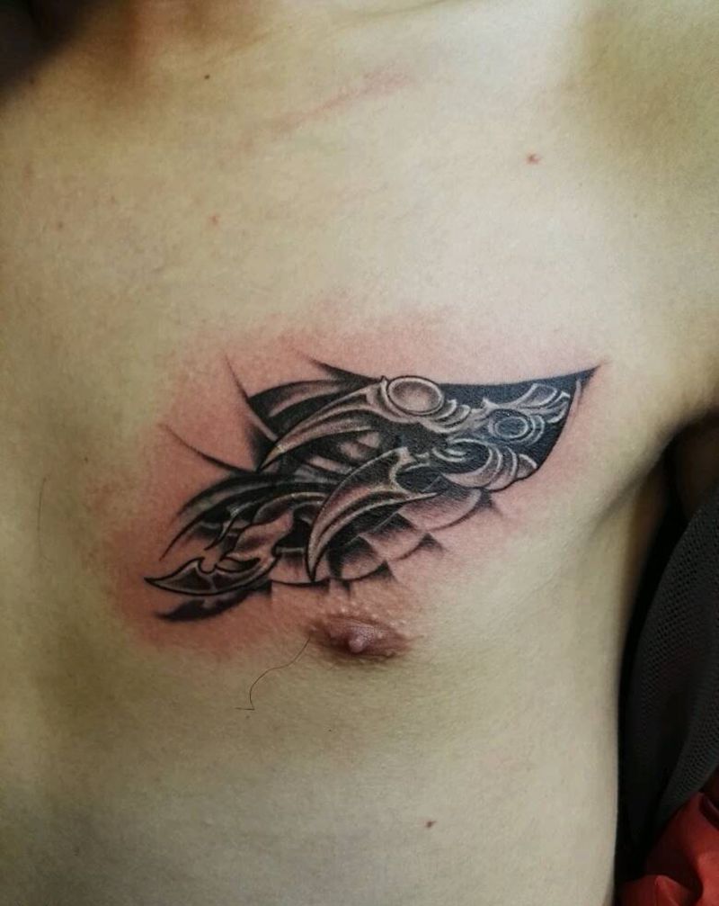 旧纹身遮盖纹身图片_胸部清新鬼神图腾原创成品纹身图案