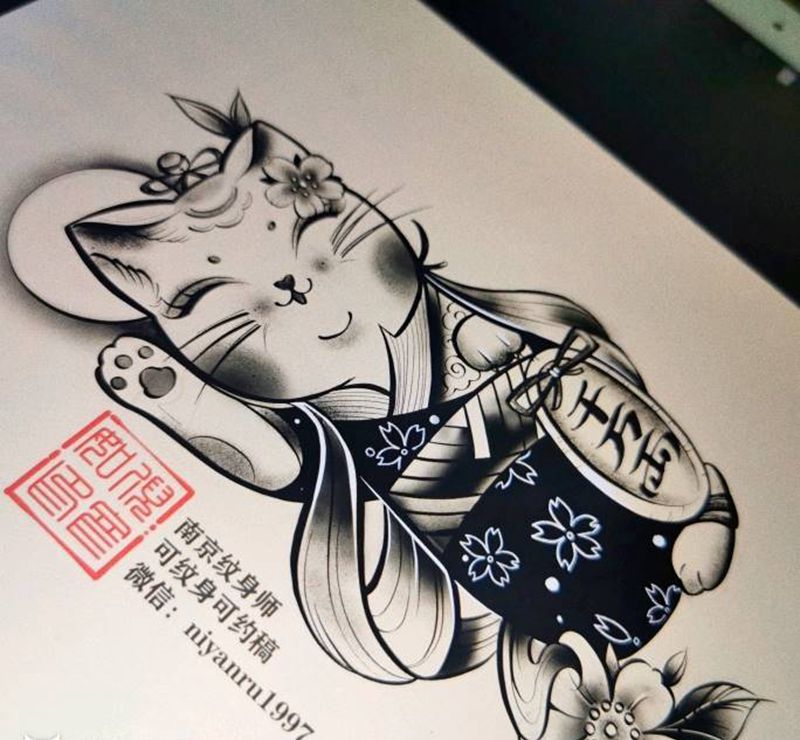 招财猫设计遮盖纹身图片_脚部腿部纹身图案