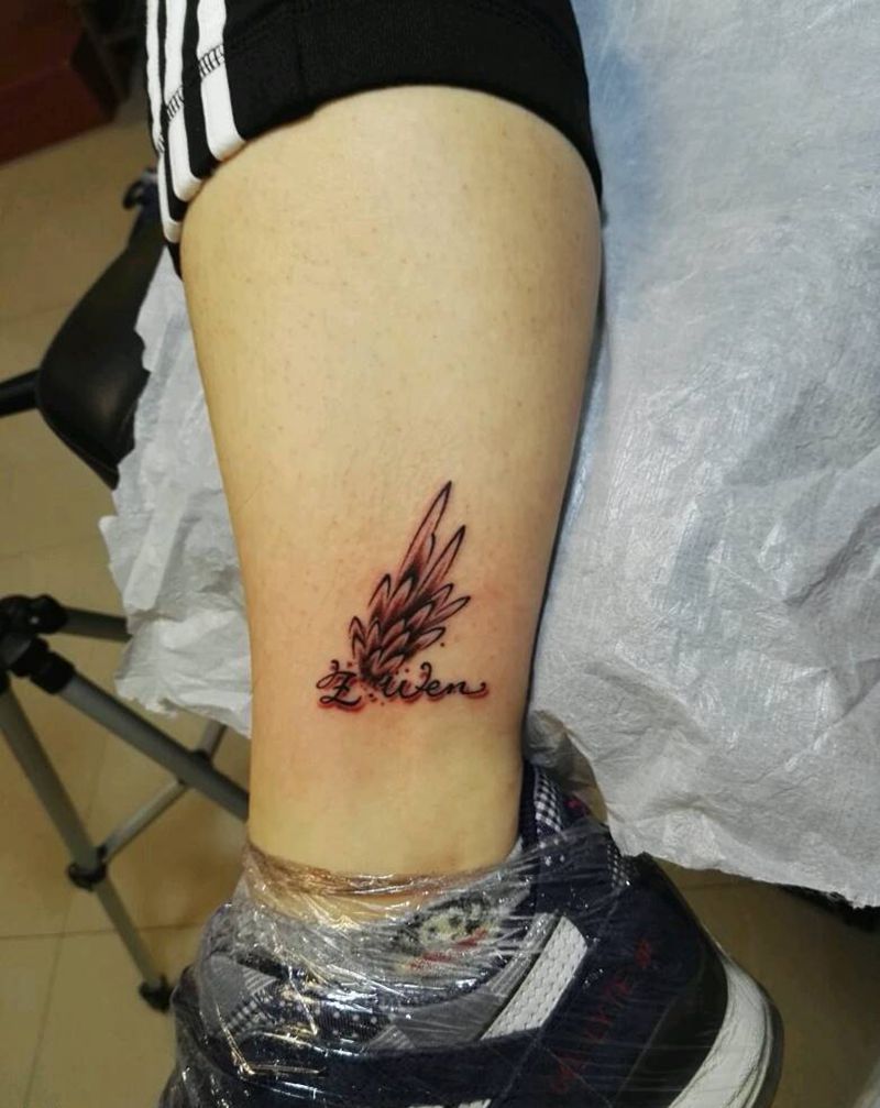 翅膀纹身图片_腿部清新字符静物原创成品纹身图案