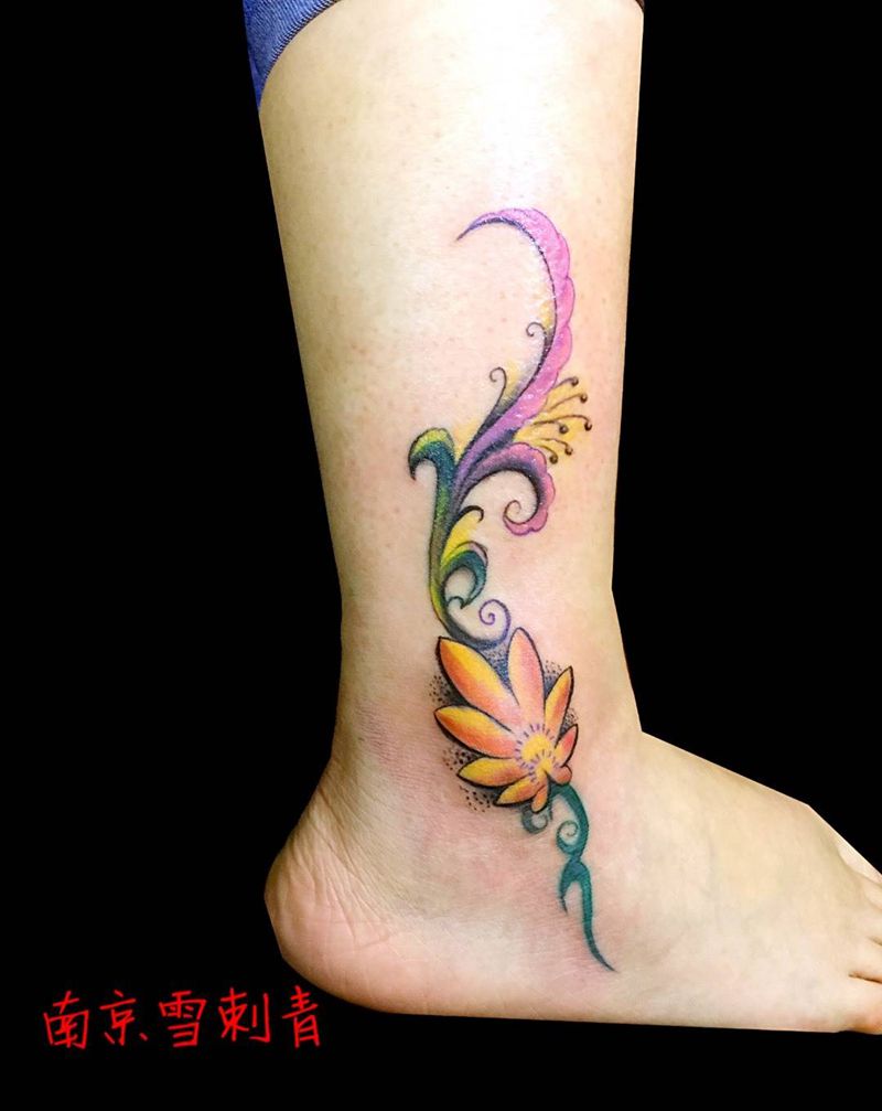 脚花纹身图片_脚部成品清新纹身图案