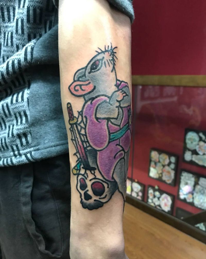 日式 老鼠纹身图片_手臂Old School老鼠武士骷髅纹身图案