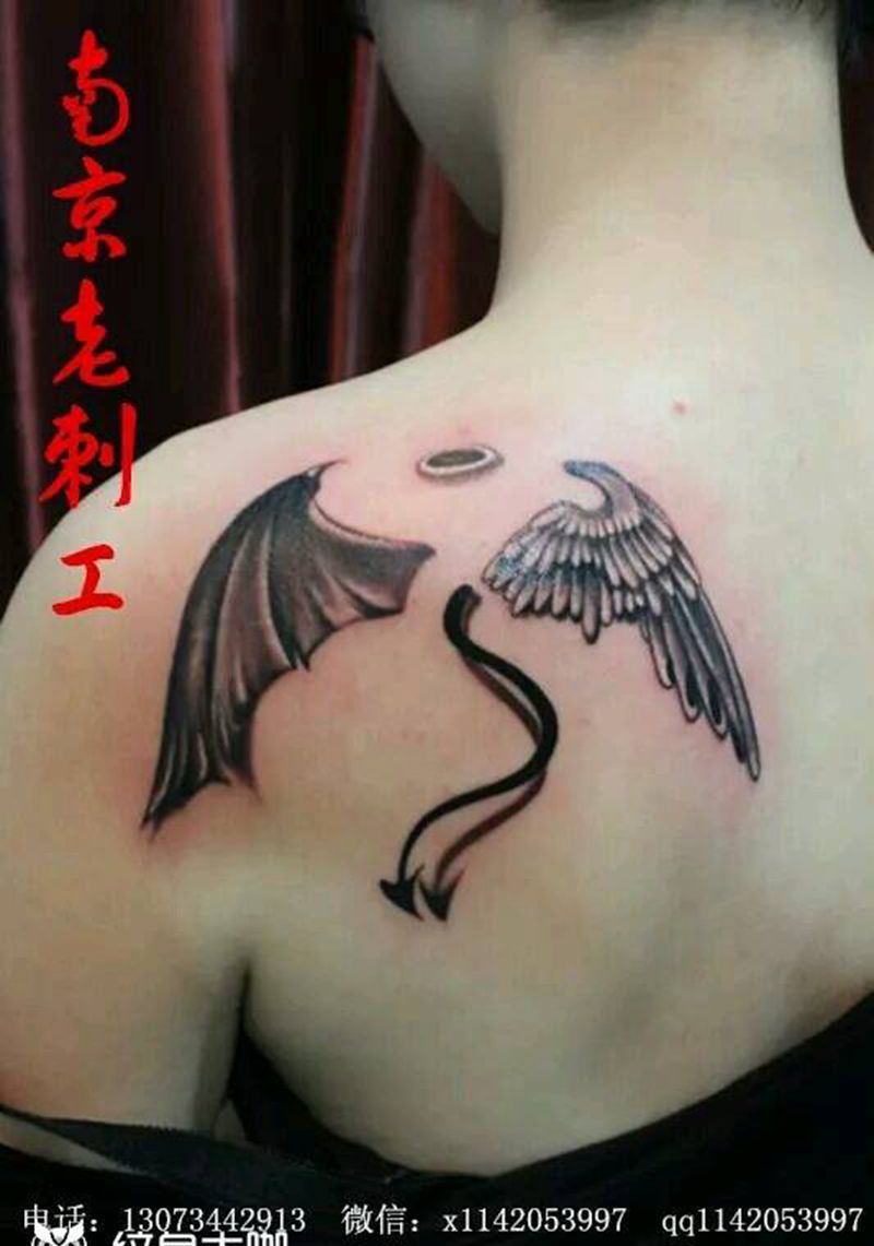 恶魔与天使纹身图片_背部清新静物原创成品纹身图案