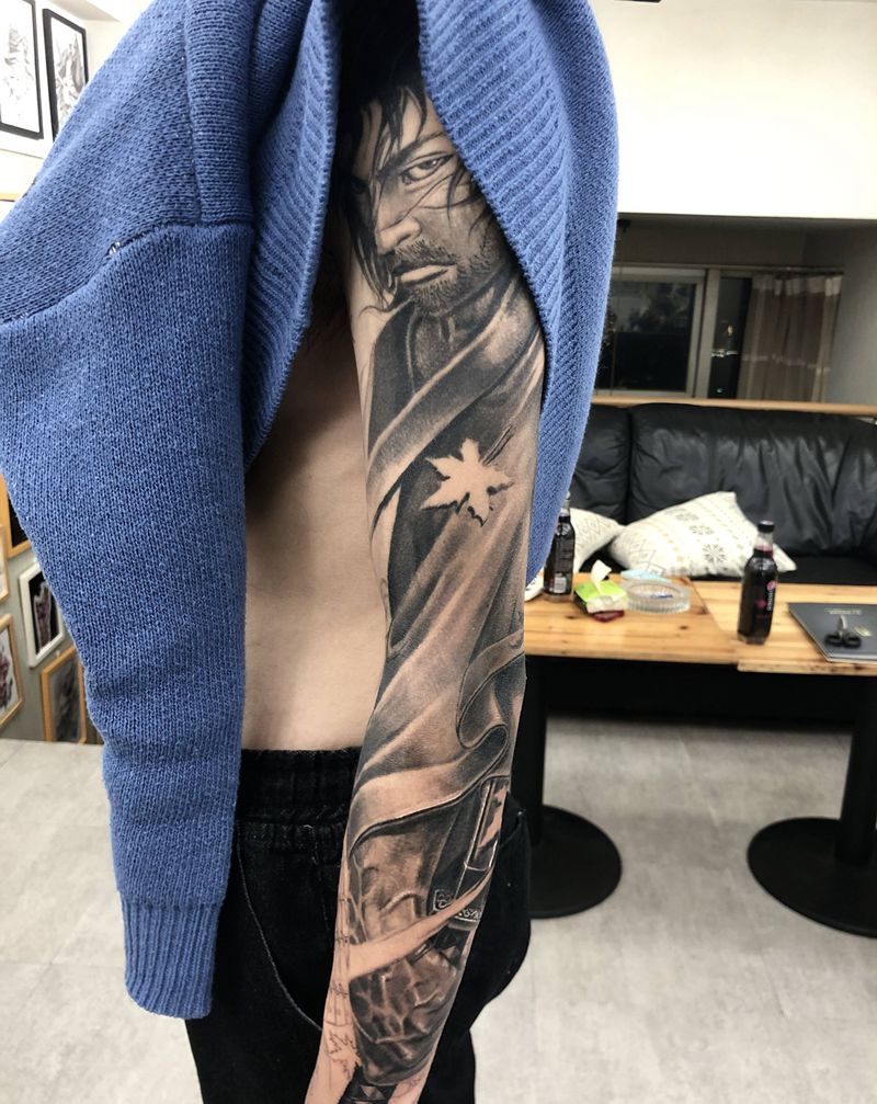 《风》纹身图片_手臂新传统宫本武藏纹身图案