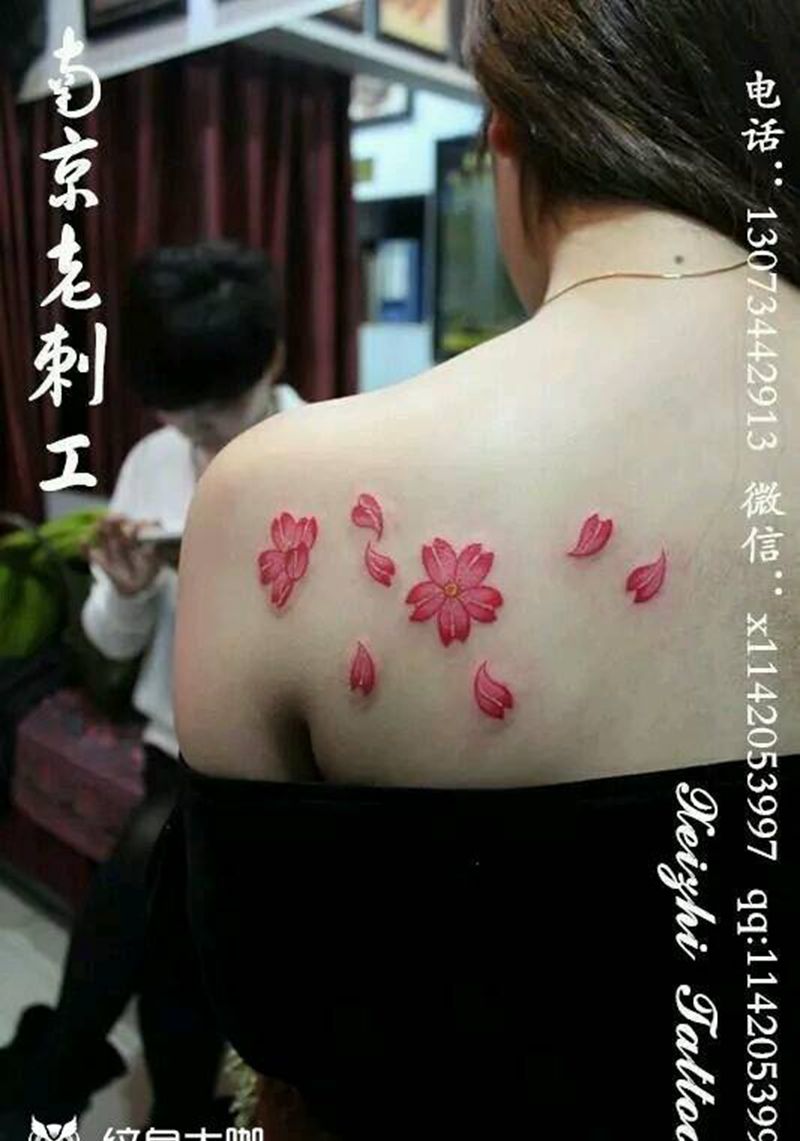 樱花纹身图片_背部清新植物静物情侣原创成品纹身图案