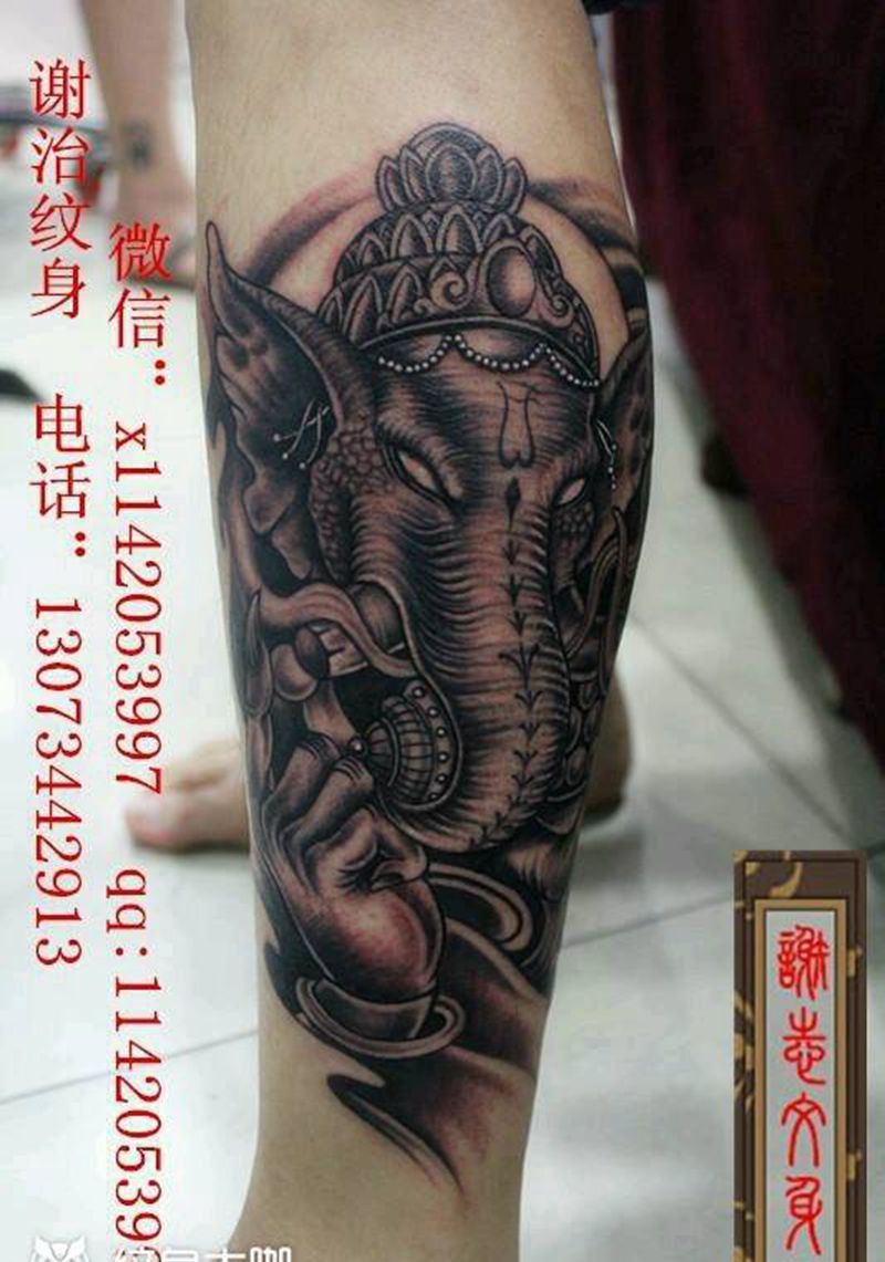 象神纹身图片_腿部传统动物宗教原创成品纹身图案