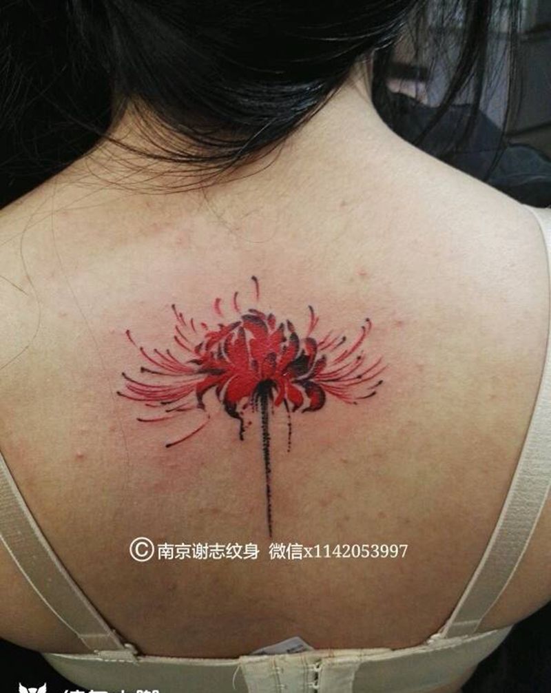 彼岸花纹身图片_颈部清新植物成品纹身图案