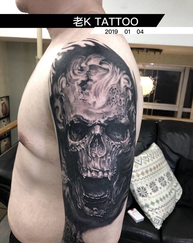 暗黑骷髅纹身图片_手臂欧美写实暗黑纹身图案