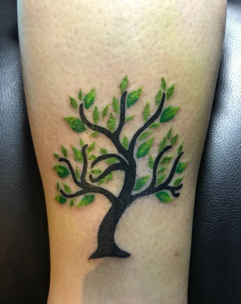 树纹身图片_成品腿部清新植物纹身图案