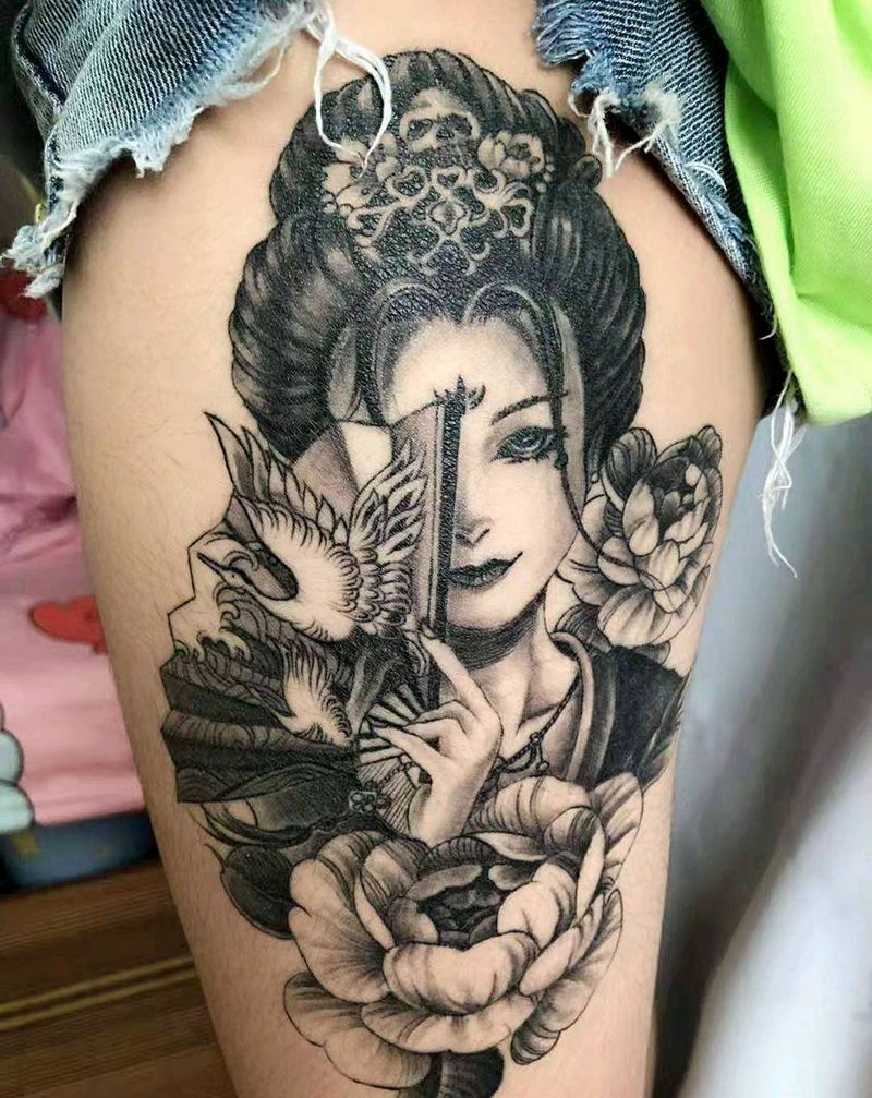 艺妓纹身图片_腿部新传统纹身图案