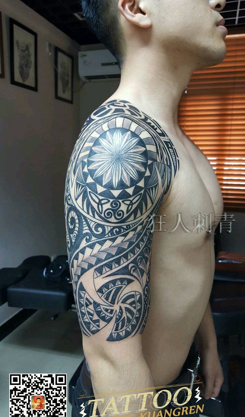玛雅图腾包臂纹身图片_手臂欧美几何图腾狂人刺青成品纹身图案