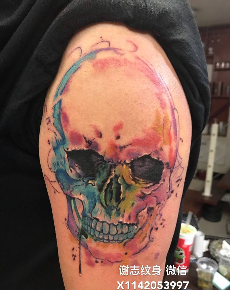水彩骷髅纹身图片_成品手臂欧美宗教鬼神纹身图案
